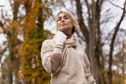 model wearing alpaca knitwear in the new forest