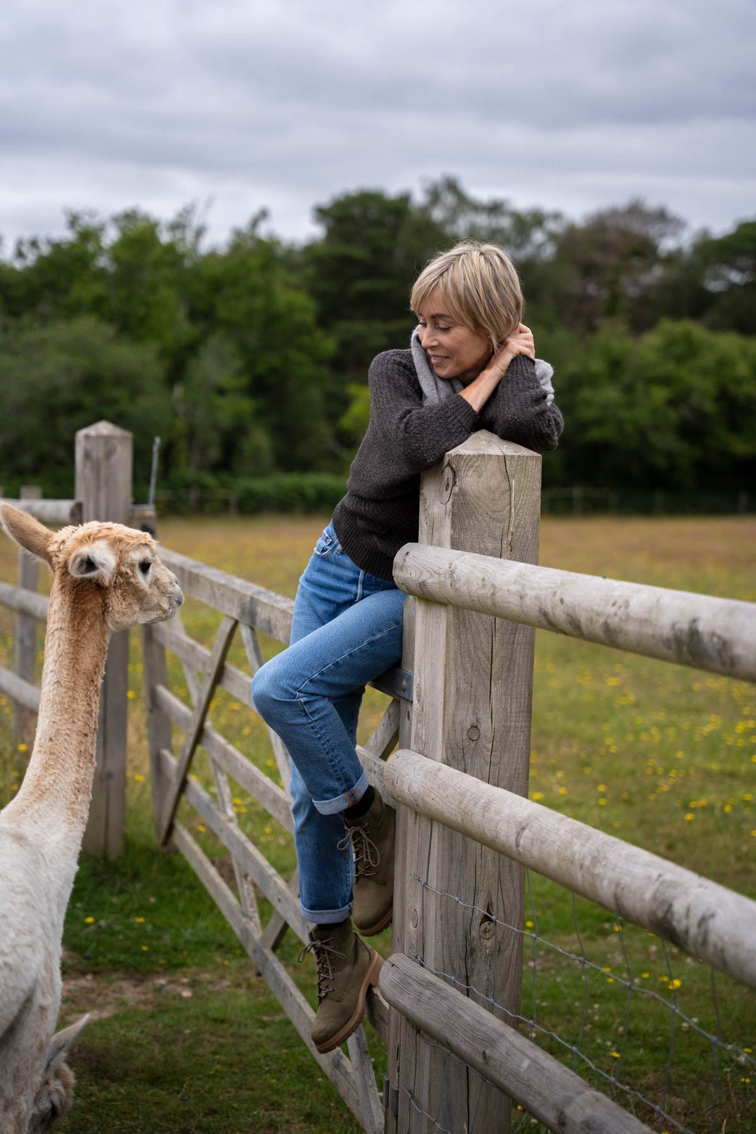 woman sitting on a fence looking at an alpaca