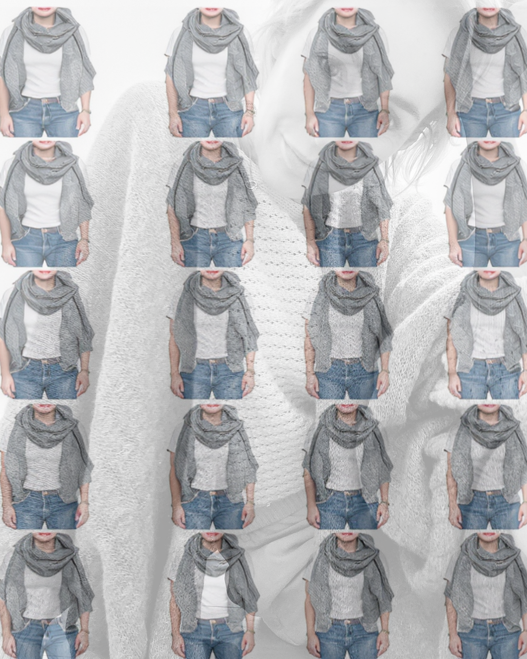 reptittive images of someone wearing jeans, a t shirt and a wrap